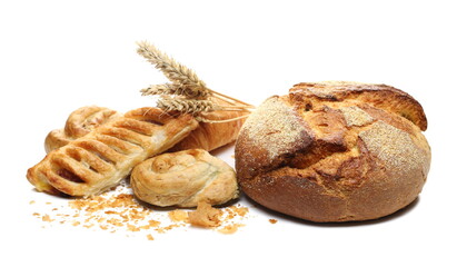 Bread of wheat and corn flour,  with breakfast pastry fresh isolated on white background