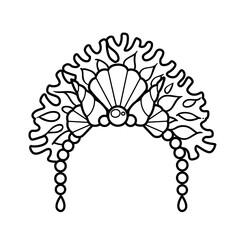 Tiara of the sea princess from coral and pearls linear drawing for coloring on a white background