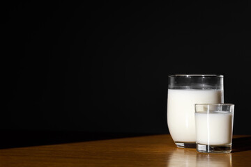 Copy space of two glasses of milk on a black background