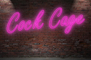 Neon Cock Cage lettering on Brick Wall at night - obrazy, fototapety, plakaty