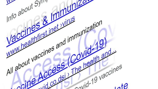 Internet search results for coronavirus with The links of imaginary no-existing websites move on a display, close up.