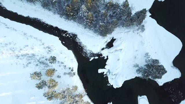 Mountain river in winter from a height