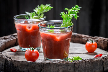 Drink for summer party. Bloody mary cocktail with tomatoes