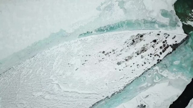 Mountain river in winter from a height