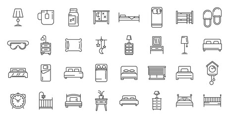 Bedroom icons set, outline style