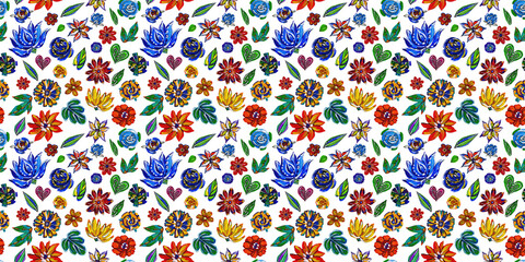 Illustration seamless pattern of acrylic colorful drawing flowers on white isolated background.