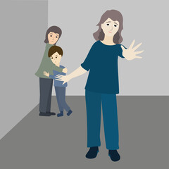Fototapeta premium Stop violence against child. Strong mother protects her kids. Scared girl and boy stand in the corner. Children victims aggression. Family abuse Vector illustration
