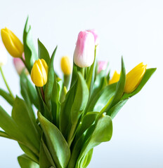 Details of pink and yellow tulips inside a green vase on a wooden table inside my house. White background.