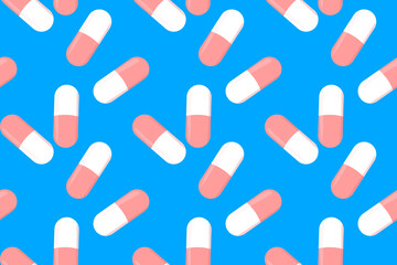 Red and white pills seamless pattern on blue