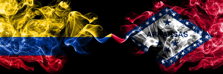 Colombia, Colombian vs United States of America, America, US, USA, American, Arkansas, Arkansan smoky mystic flags placed side by side. Thick colored silky abstract smokes flags.