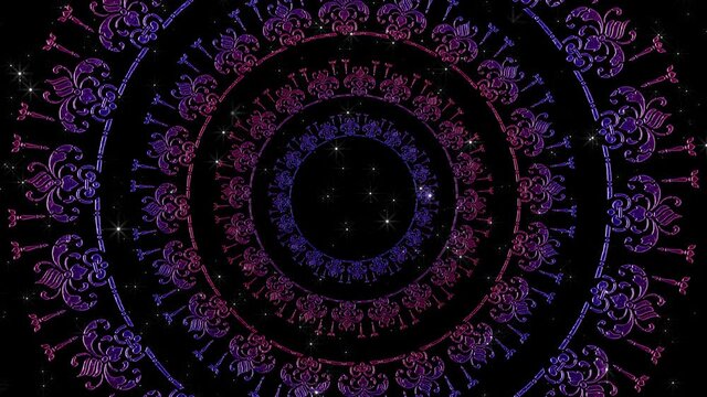 Monarchic ornament. Tunnel of rotating rings. Colored glass.