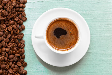 Coffee grains and beautifully baked coffee. Turkish coffee.