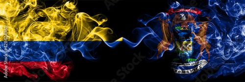 Colombia, Colombian vs United States of America, America, US, USA, American, Michigan smoky mystic flags placed side by side. Thick colored silky abstract smokes flags.