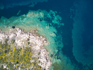 aerial top view of rocky island coastline with  yellow flowers and amazing idyllic blue sea