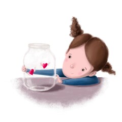 cute little girl with two hearts in the jar clipart, hand drawn children's illustration