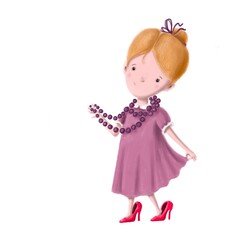 cute little girl in mother's shoes clipart, hand drawn children's illustration with cartoon character, good for card and print design, t-shirt print