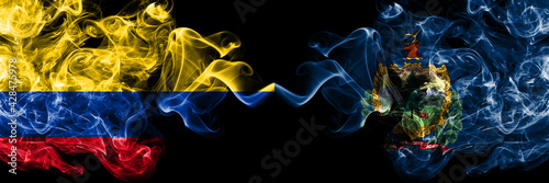 Colombia, Colombian vs United States of America, America, US, USA, American, Vermont smoky mystic flags placed side by side. Thick colored silky abstract smokes flags.