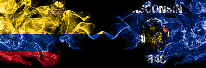 Colombia, Colombian vs United States of America, America, US, USA, American, Wisconsin smoky mystic flags placed side by side. Thick colored silky abstract smokes flags.