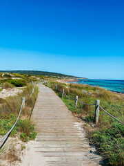 Paseo de madera típico del mediterraneo con cuerdas junto a la playa con el mar calmado un dia soleado y vegetación alrededor en verano