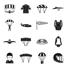 Adventure parachuting icons set, simple style