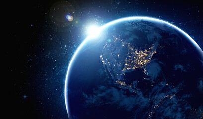 Planet earth globe view from space showing realistic earth surface and world map as in outer space...