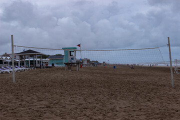 Volleyball court  on the beach on a cloudy day.