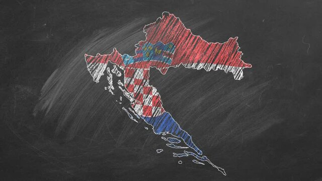 Country map and flag of Croatia drawing with chalk on a blackboard. 4K hand drawn animation. One of a large series of maps and flags of different countries. Education, travel, study abroad concept.