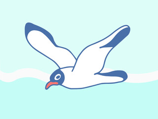 Seagull flying over the sea wave in sunny weather. 
Close-up vector image of a bird with outstretched wings in a simple cartoon style.
