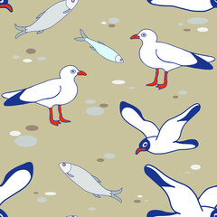 Seamless pattern of seagulls flying over the shore and fish. Vector image with seagulls, herring and sprat against the background of a sandy shore in simple cartoon style. For summer and sea textile.