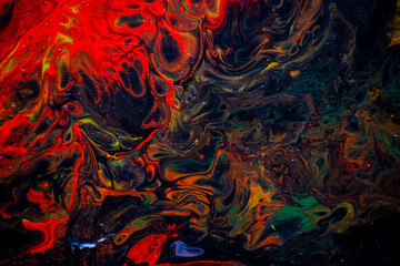 Texture in the style of fluid art. Abstract background with swirling paint effect. Liquid acrylic paint background. Red, black and yellow colors.