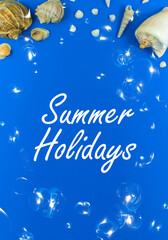 Fototapeta na wymiar Summer holidays and vacation concept greeting card or postcard concept, blue background with seashells, top view