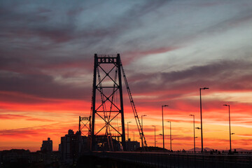 sunset over the bridge Florianopolis, Ponte Hercílio Luz, Florianópolis, Santa Catarina, Brazil