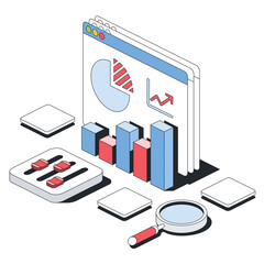 Analytics, charts, tables, search magnifier. Vector 3d line isometric, color web icons, new flat style. Creative design idea for infographics.
