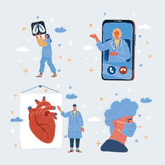 Vector illustration of doctors character collection. Medical team concept. Cardio, online consultation, doctor face in mask, xray lungs diagnostic.