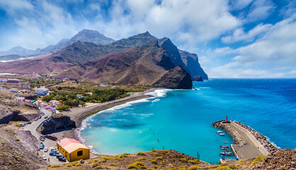Amazing landscape with La Aldea de San Nicolas village, Gran Canaria, Spain - obrazy, fototapety, plakaty
