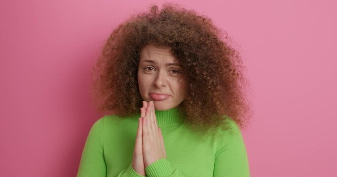 Sad desperate Caucasian woman with curly bushy hair begs for apology keeps palms pressed together in pray asks for something has pleading expression wears green turtleneck isolated on pink wall