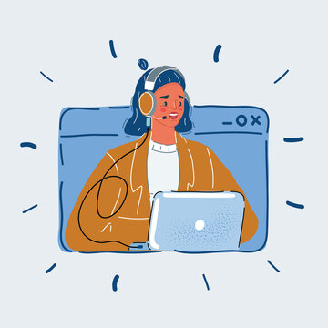 Vector Illustration Of User Support Service, Woman In Head Phone And Use Laptop. Call Center In Browser Windows On White Backround.