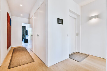 Interior of contemporary flat in minimal style with spacious hallway with white walls