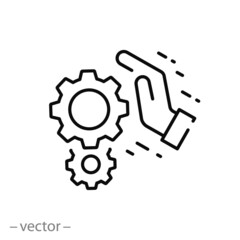 persistence in process icon, gears in hand, effort hard work, effective operation, cog mechanism, business integrate, thin line web sign on white background - editable stroke vector illustration eps10
