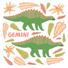 Gemini dinosaur cartoon character vector illustration. Funny animal astrology zodiac sign isolated on white. Cute hand drawn herbivorous reptile twins. Childish t shirt, poster print typography design