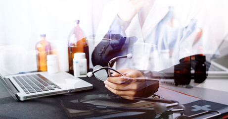 doctor or scientist with a stethoscope holding COVID-19 vaccine, Healthcare And Medical concept, vaccine Concept fight against virus covid-19 corona virus