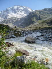 Fototapeta na wymiar Caucasus mountains,mountain river . Kabardino-Balkaria, the gorge Adyr-Su, views of Mount Ullu-Tau