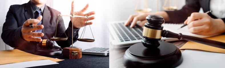 Business and lawyers discussing contract papers with brass scale on desk in office. Law, legal services, advice, justice and law concept picture with film grain effect