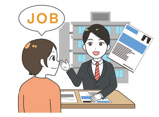 仕事探しをする女性　受付の男性　文字付き