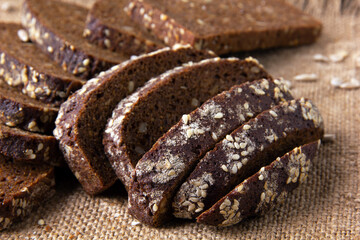 Sliced rye bread baked with sunflower seeds and linseeds.
