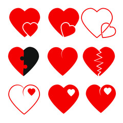 Red heart collection icon, a symbol of love, highlighted on white. The icon of the card suits is black and red. Illustration,