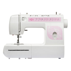 Sewing machine for sewing clothes from fabric on a white isolated background. Front view