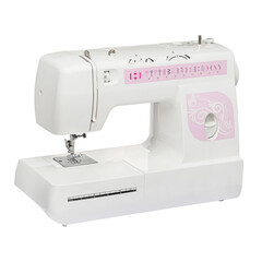 Sewing machine for sewing clothes from fabric on a white isolated background. Front view