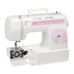 Sewing machine for sewing clothes from fabric on a white isolated background. Front view