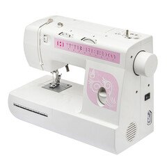 Sewing machine for sewing clothes from fabric on a white isolated background. Front view